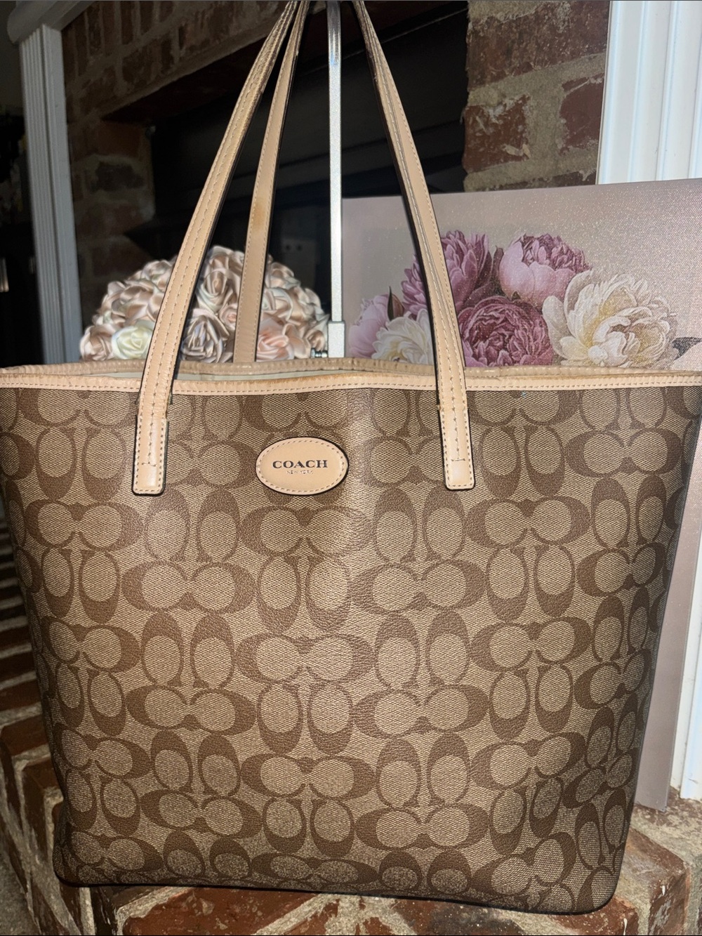 Coach Brown Signature Canvas Tote with Beige Trim